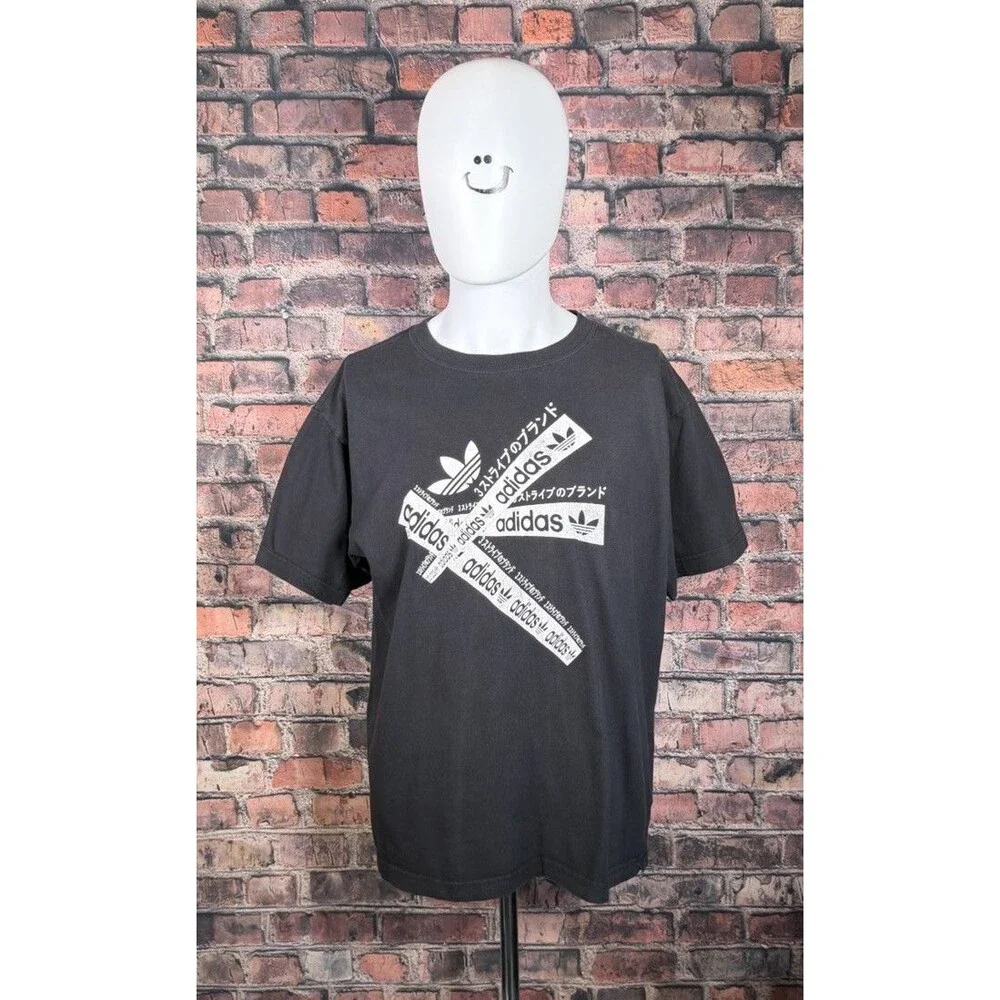 Adidas Shirt Men Black Short Sleeve Japanese Spellout Trefoil Tee- Large
